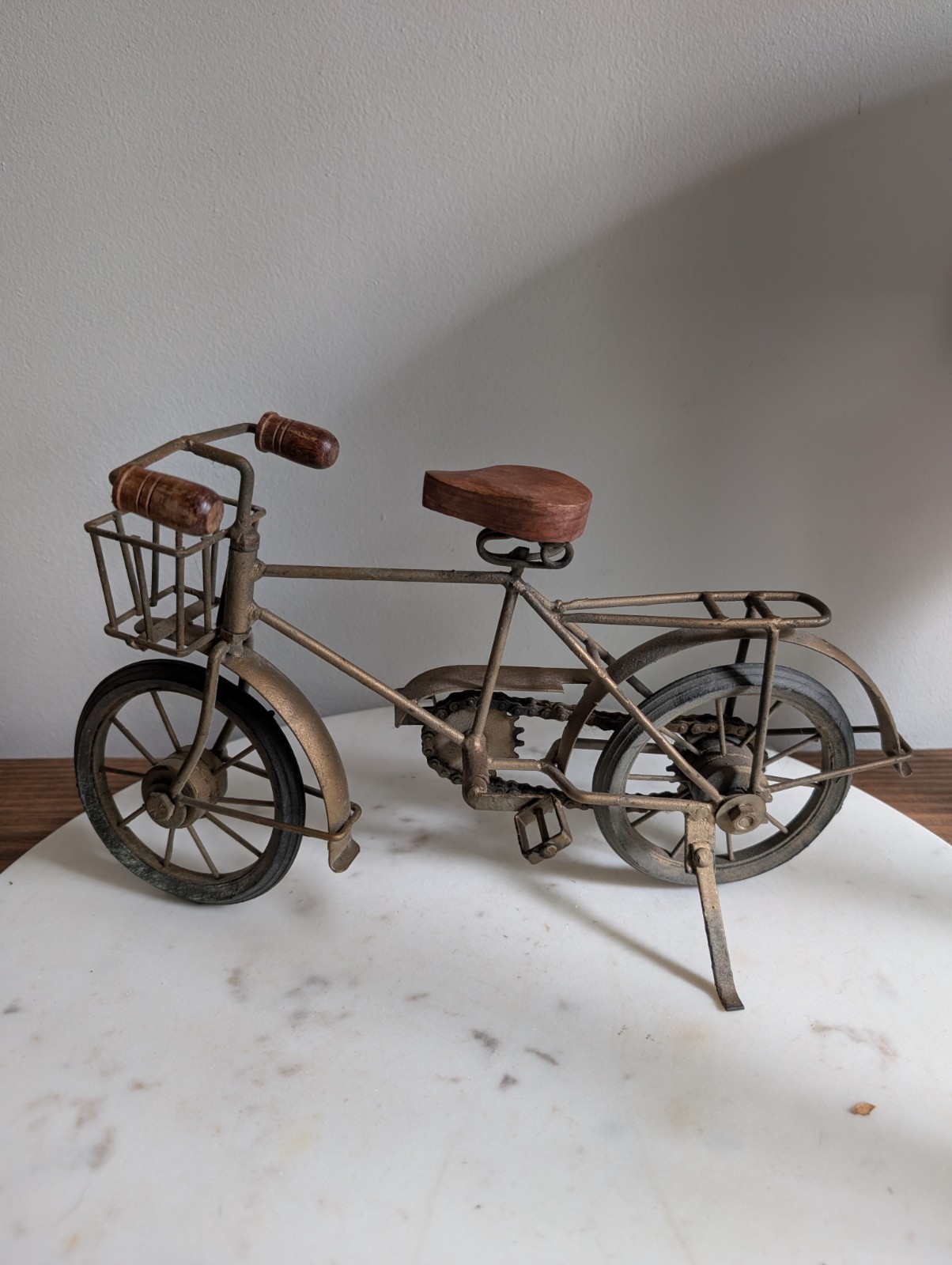 Miniature Metal Bicycle Sculpture Rustic Cottage Decor Wood Seat Basket Display