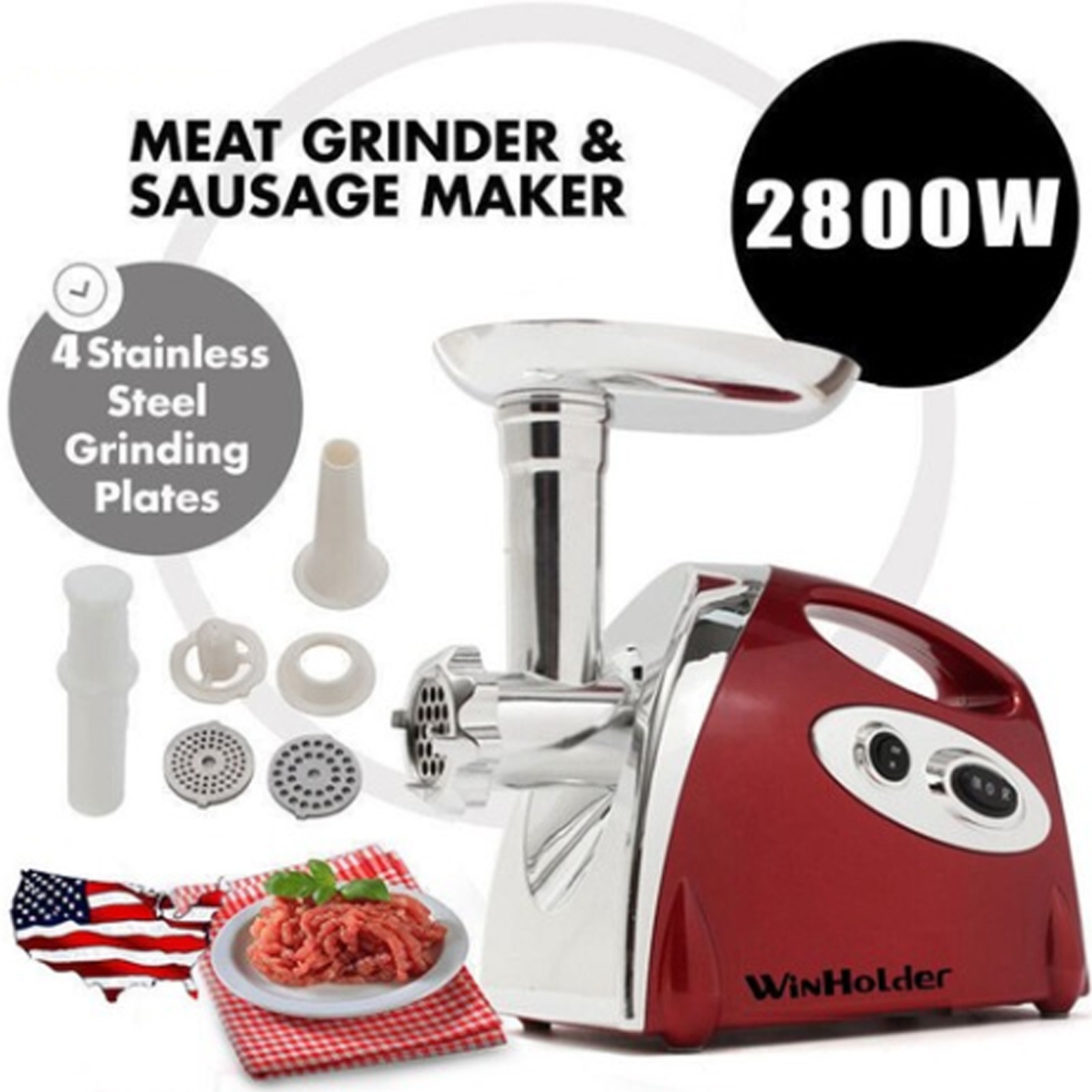 2800W Powerful Electric Meat Grinder Stainless Steel Sausage Stuffer Mincer USA