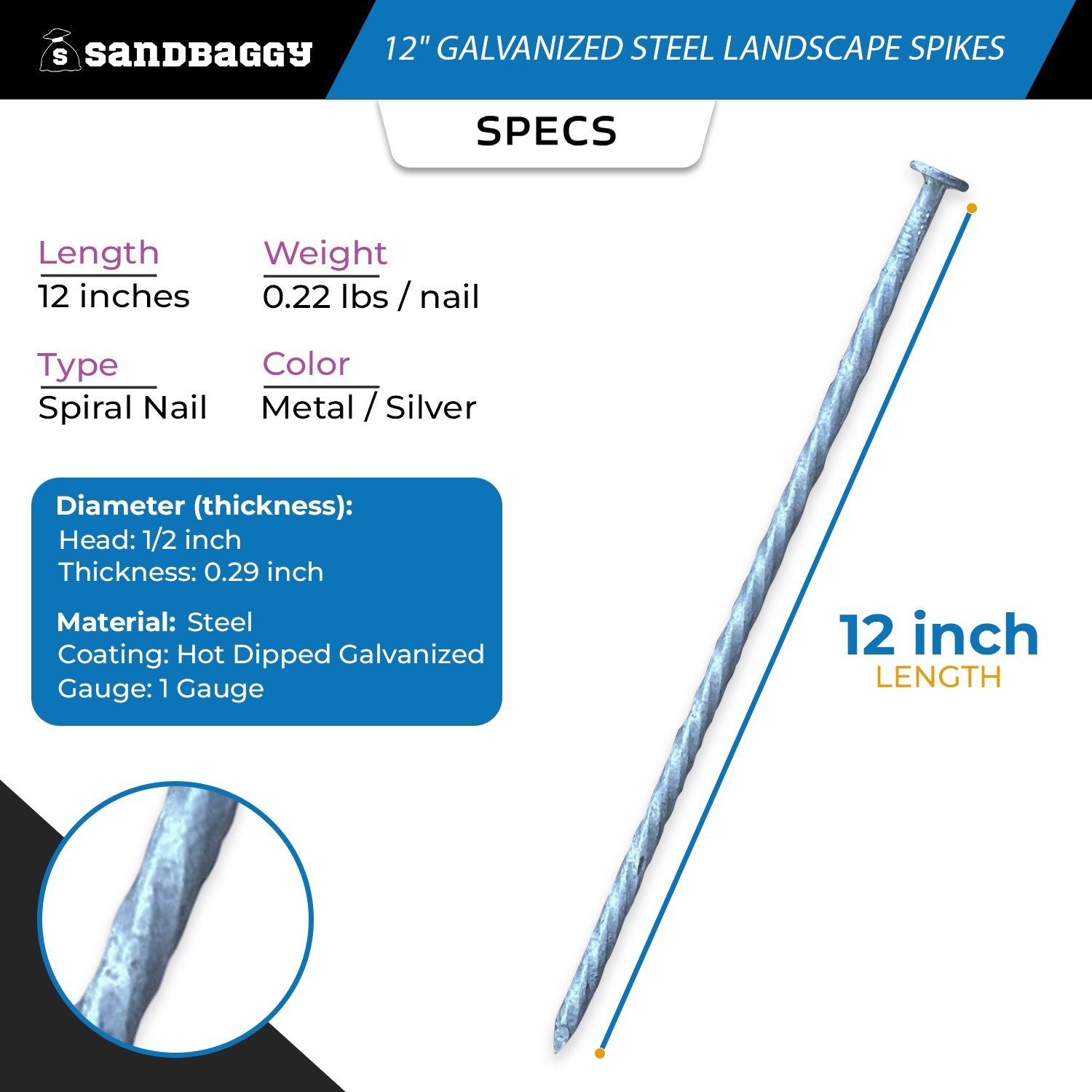 12 in. Galvanized Spiral Landscape Edging Spikes – 1 Gauge Steel – Sandbaggy