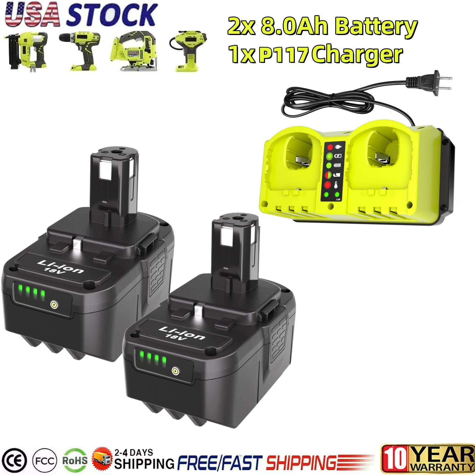 2 Pack 18V 8.0Ah Battery & Dual Charger Kit for Ryobi 18 Volt One+ Battery New