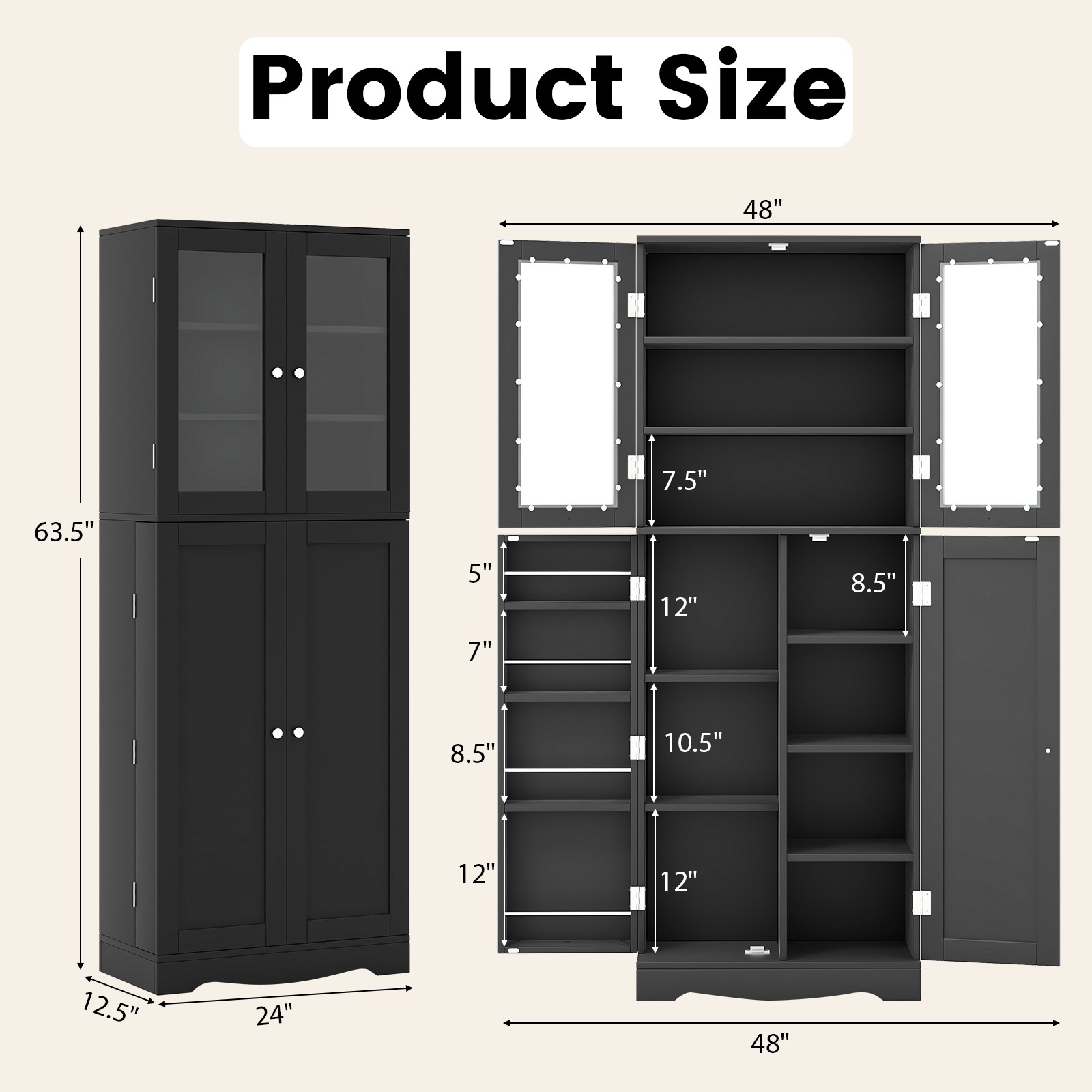 63.5″ Tall Kitchen Pantry Storage Cabinet w/ Glass Door Storage Shelves Black