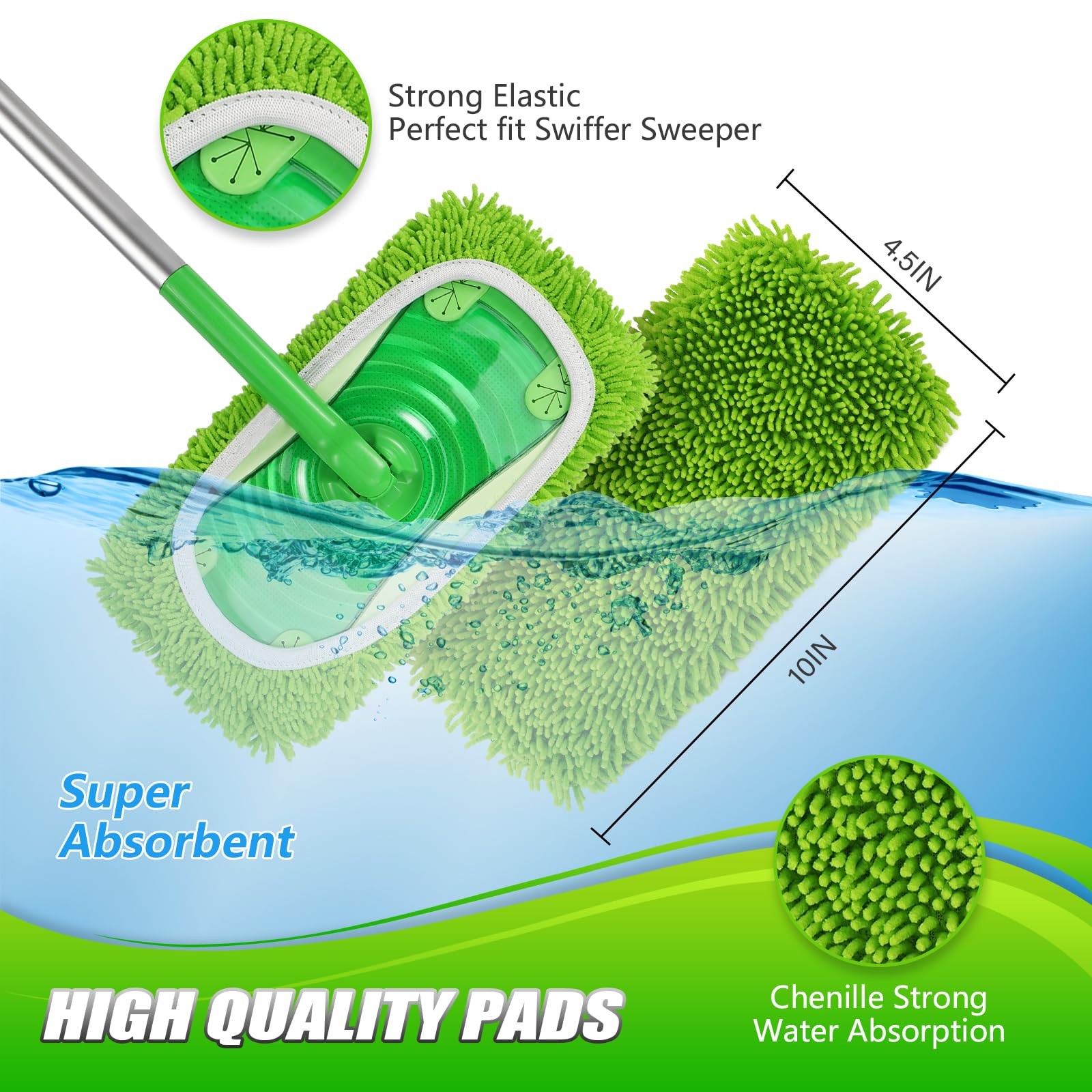 Microfiber Sweeper Pads 4 Pack, Dry Wet Mop Cloth Refills, Green