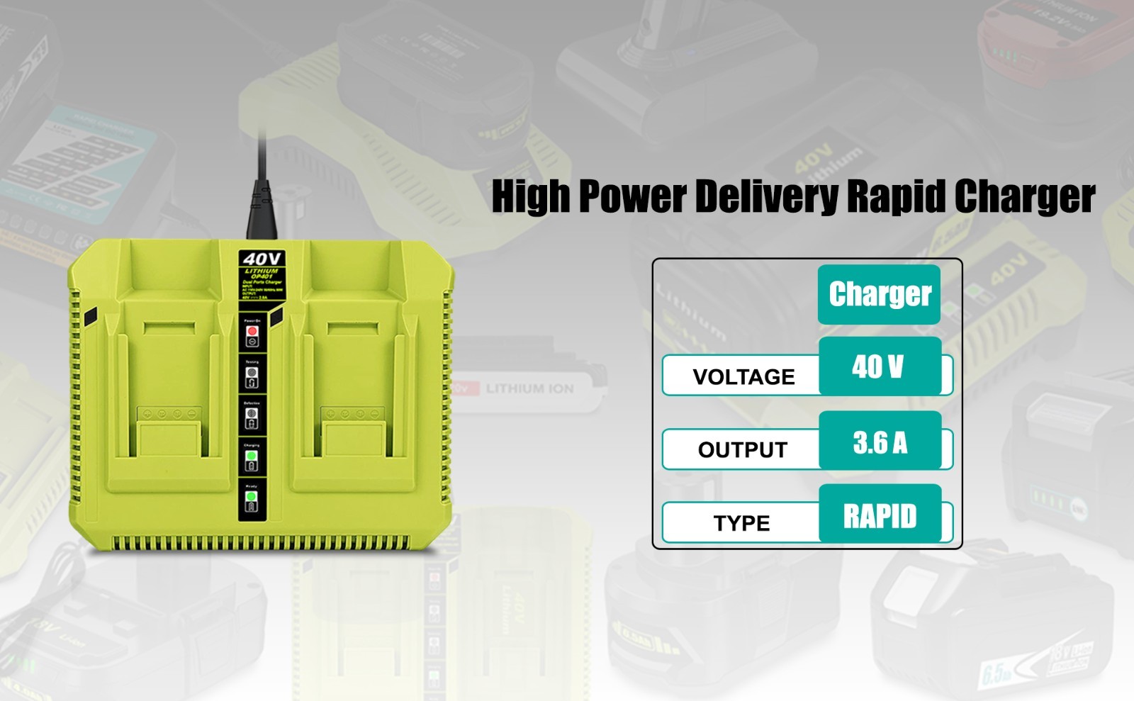 OP401 40 Volt Dual Charger for Ryobi 40V Lithium Battery Rapid Charger Fast