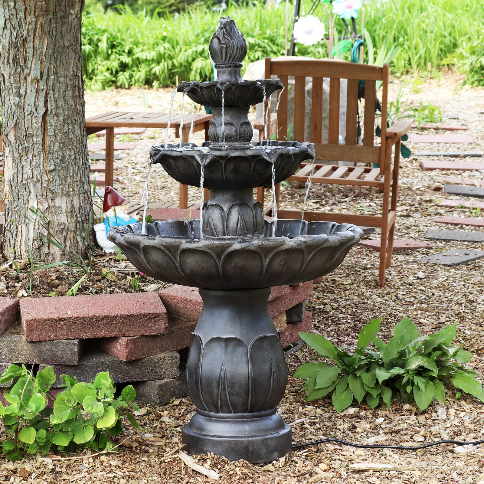 Classic Tulip Polystone Outdoor 3-Tier Fountain – Dark Brown by Sunnydaze