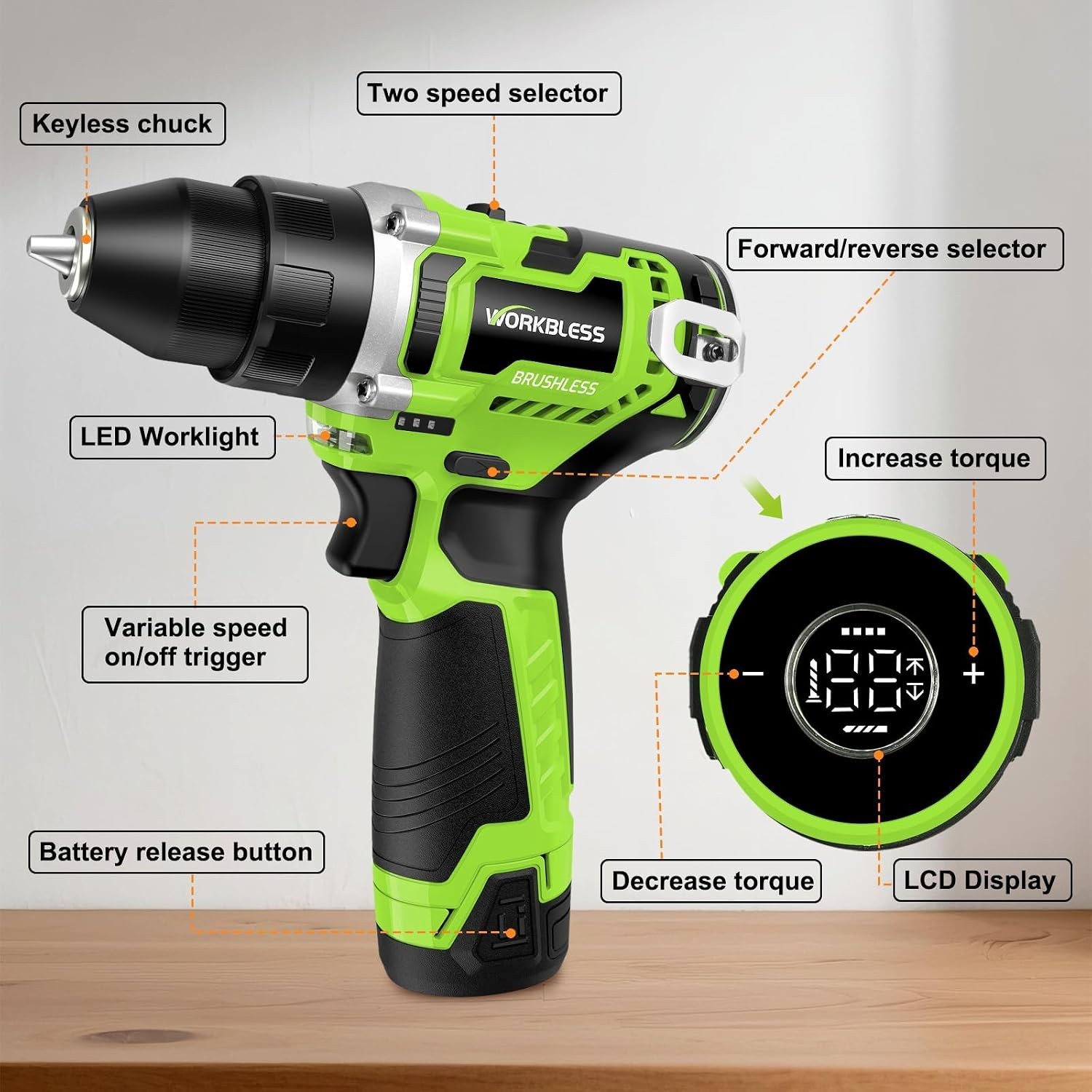 WORKBLESS 12V Cordless Power Drill Set w/ LCD Smart Display 18pc Drill Bits NEW