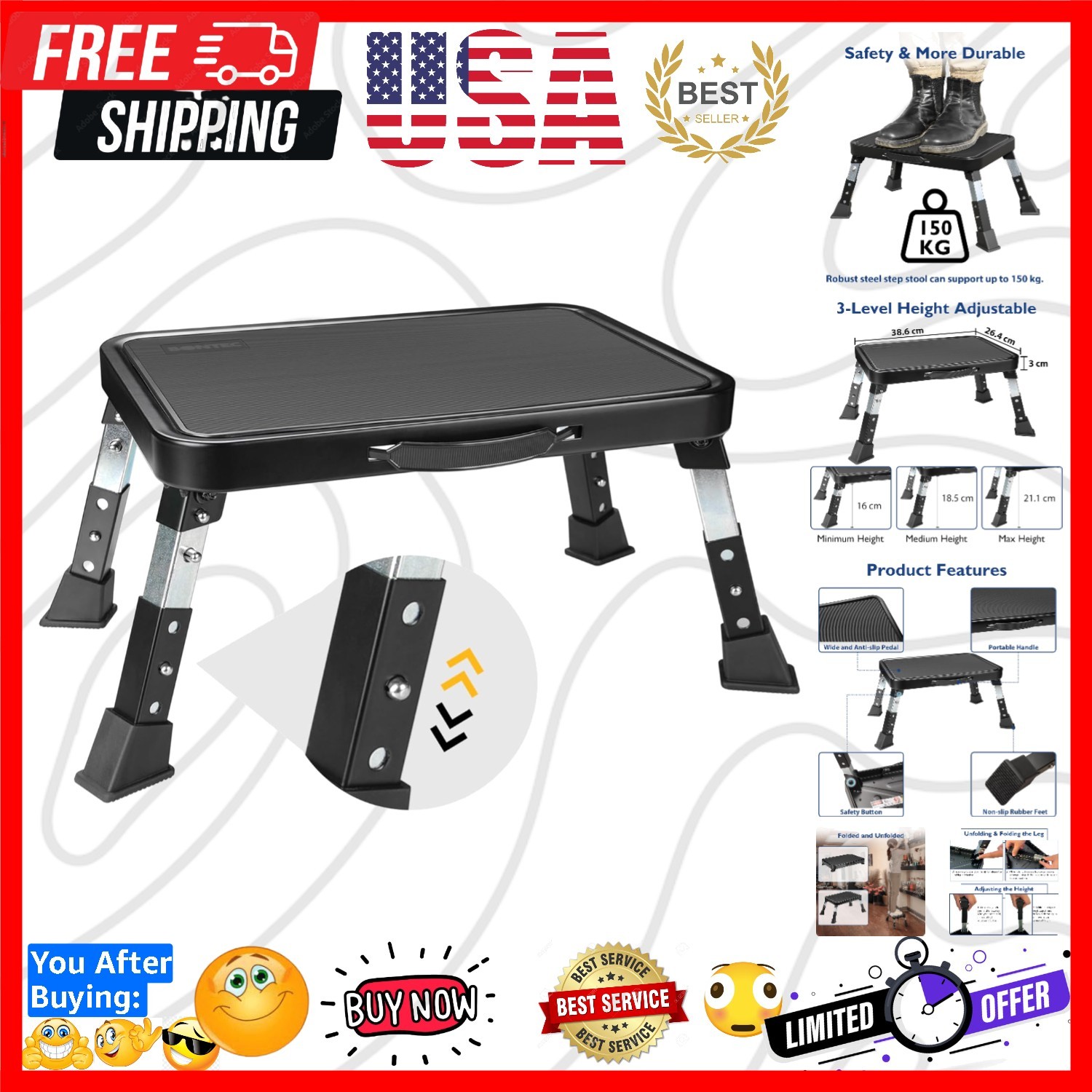 Compact Heavy Duty Step Stool with Adjustable Height & Slip Resistance