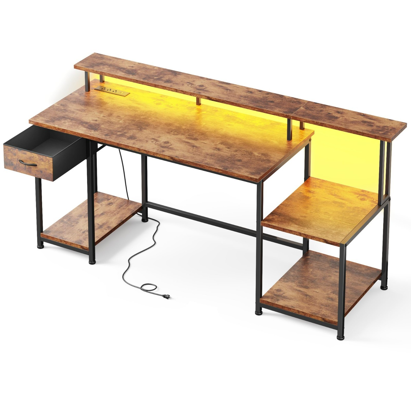 Home Office Study Table Work Computer Gaming Desk with Drawer & LED,Rustic Brown