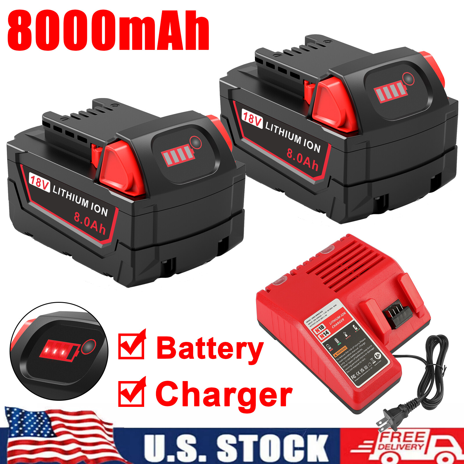 2x 8.0AH Battery For Milwaukee 48-11-1880 For M18 18V Capacity Battery + Charger