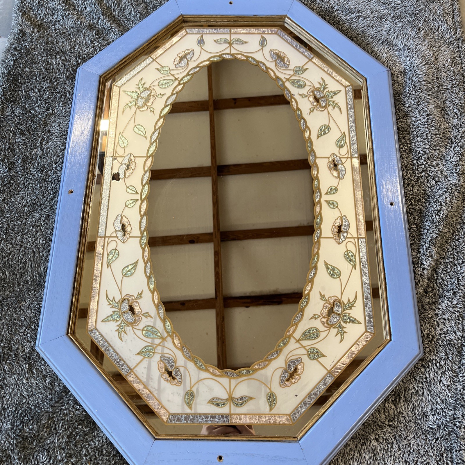 Vintage Octagonal Faux Stained Glass Mirror Floral Design 31X21″ Pink Blue Green