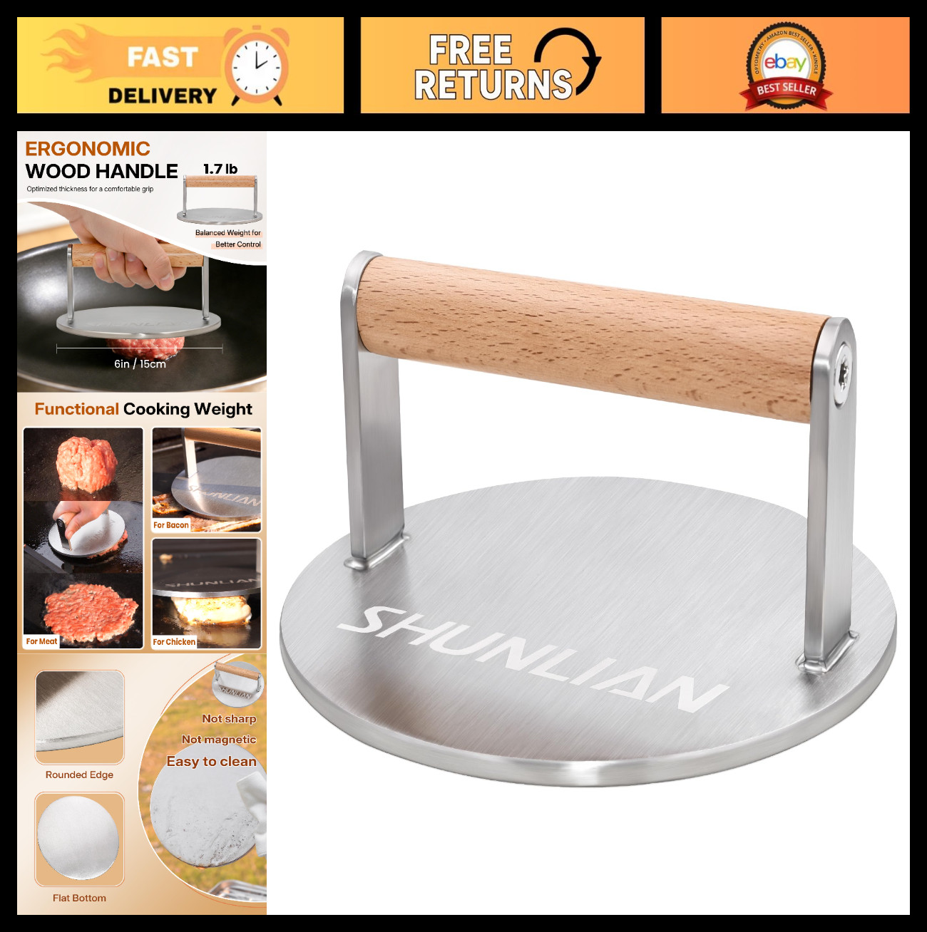 Heavy Duty Stainless Steel Burger Smasher & Grill Press, 6″ Wood Handle, 1.7 lb