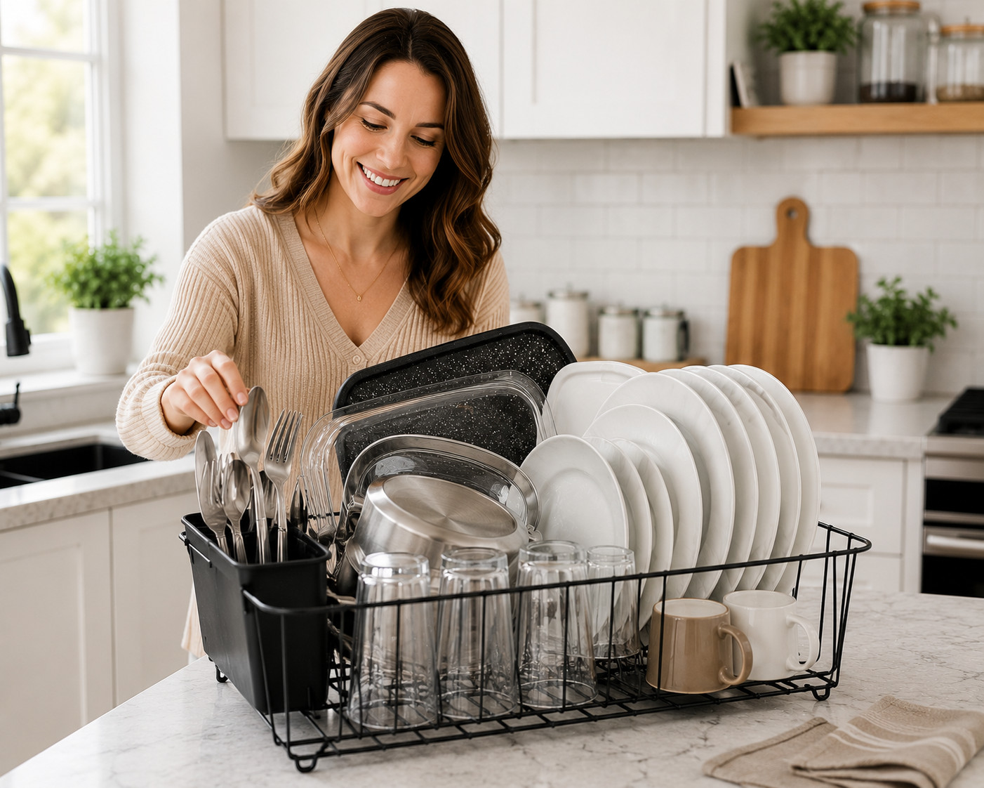 Dish Drainer Rack with Removable Utensil Holder Kitchen Counter Drying Organizer
