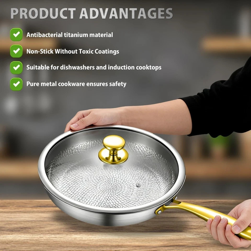 Pure Titanium Hammered Frying Pan with Lid, 12 Inch Skillet, No Coating Cookw…