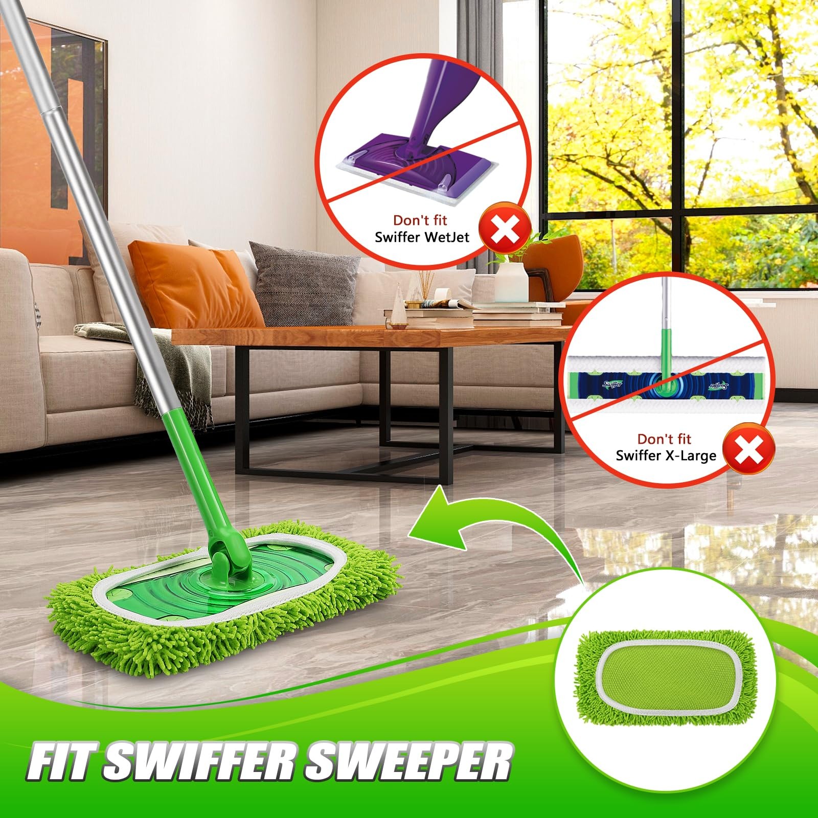 Microfiber Sweeper Pads 4 Pack, Dry Wet Mop Cloth Refills, Green