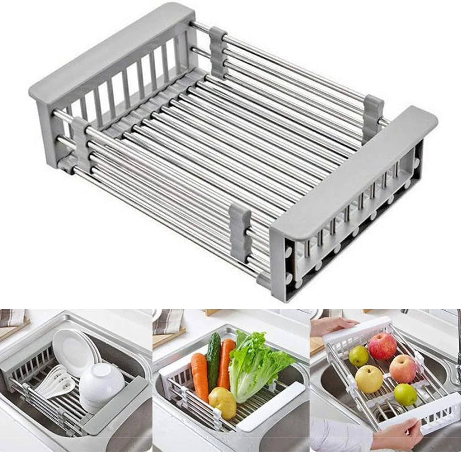 Adjustable Stainless Steel Over Sink Dish Drying Rack Expandable Kitchen Drainer
