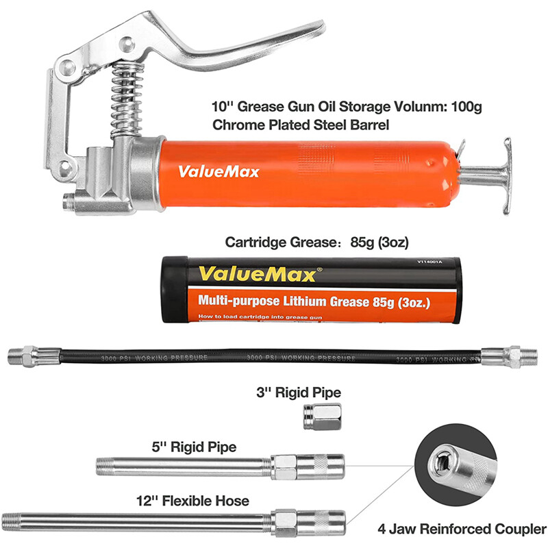 ValueMax Mini Grease Gun Kit 3OZ Grease 12” Flexible Hose 5” 3″ Extension Tube