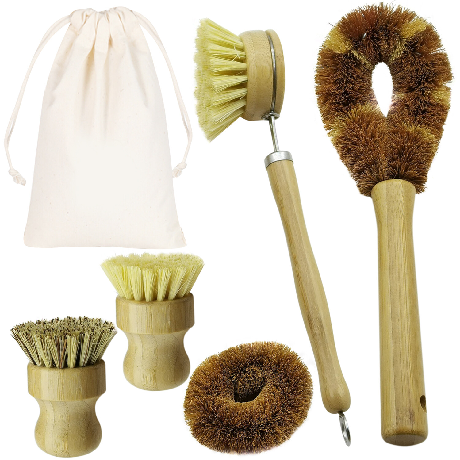 Bamboo Dish Brush Set for Eco-friendly Home Wooden Kitchen Cleaning Set 5 Pieces