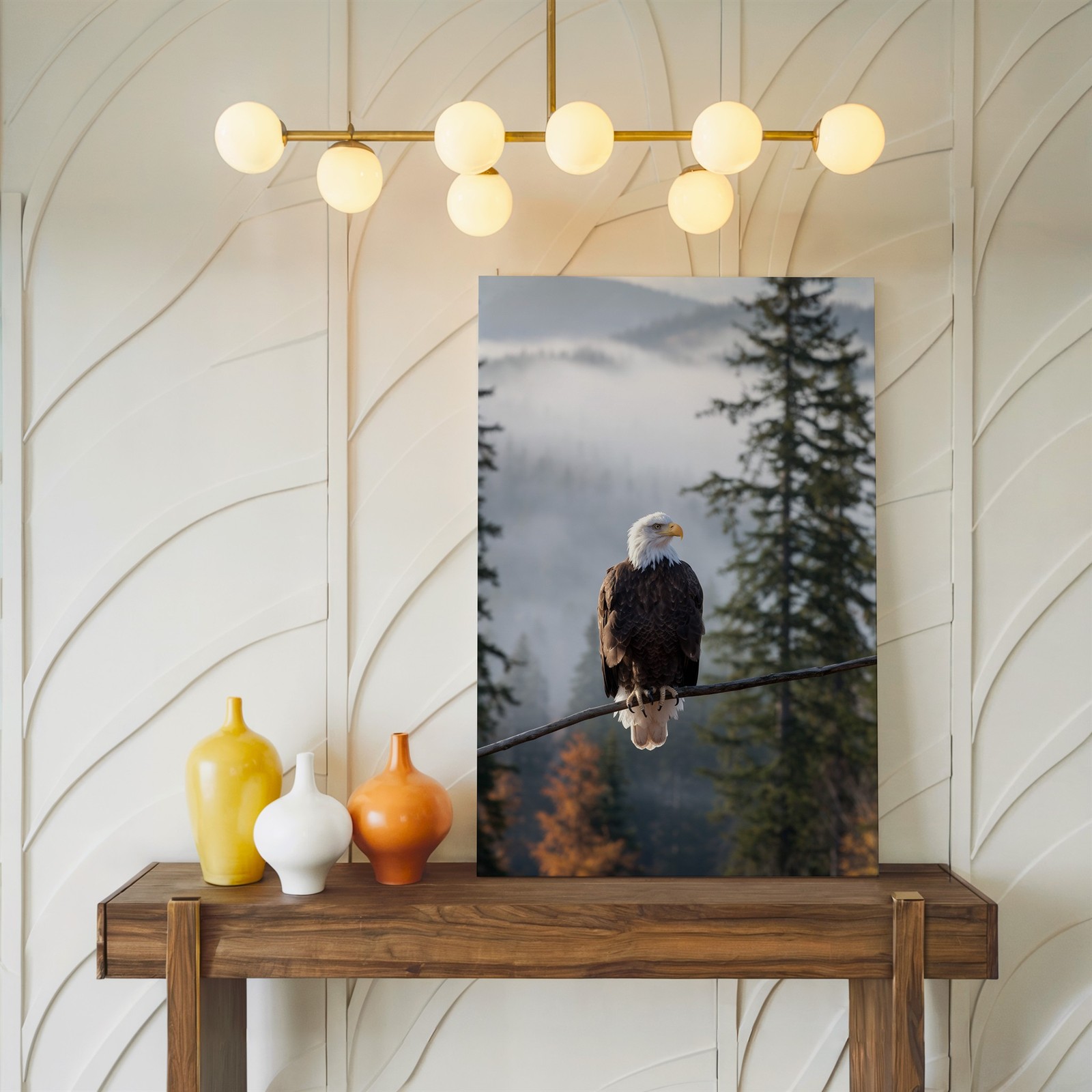 Wall Art Majestic Bald Eagle Perched On A Slender Branch, Overlooking A Misty