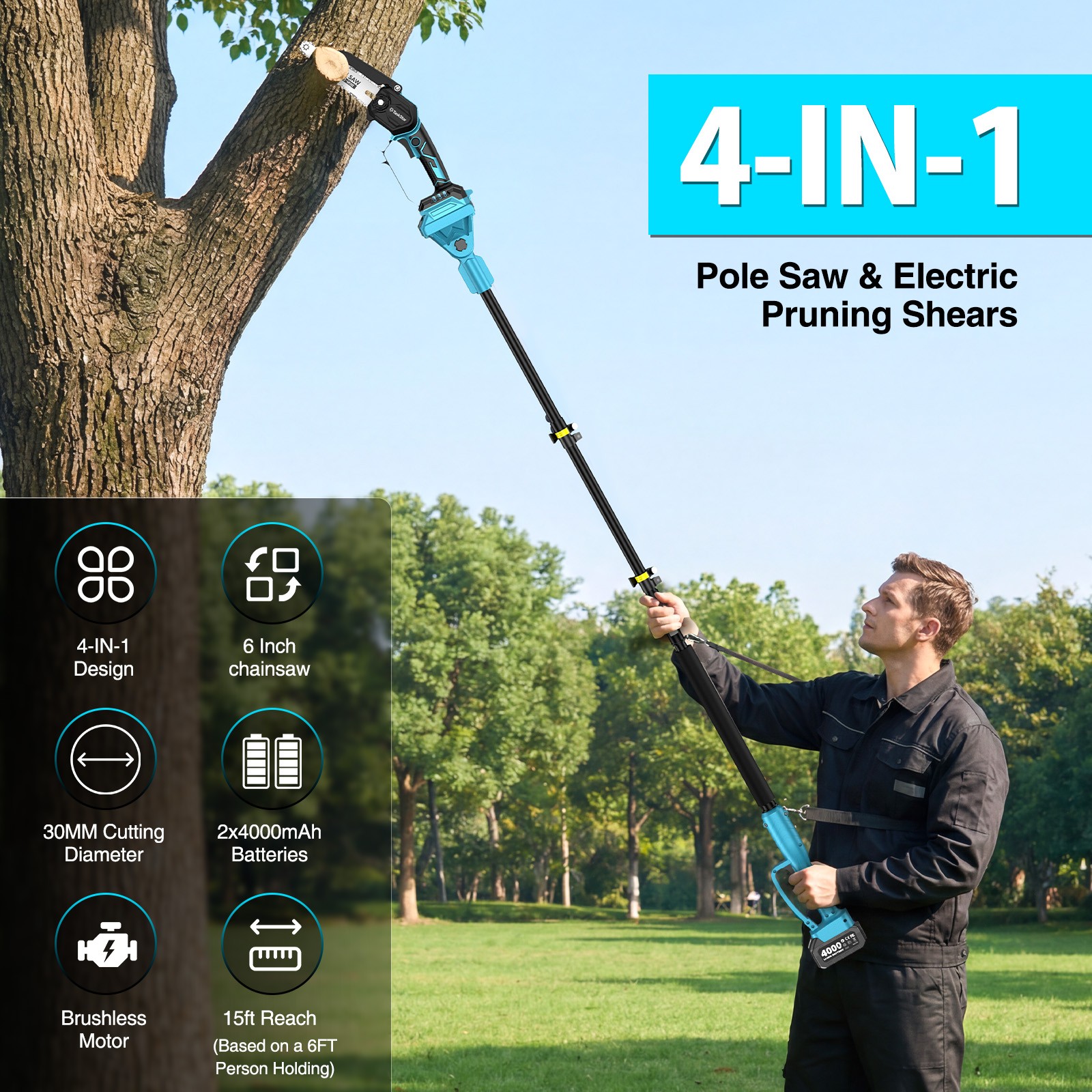 Taskstar 4-in-1 Cordless Pole Saw Brushless& Pruning Shears 6 Inch Mini Chainsaw