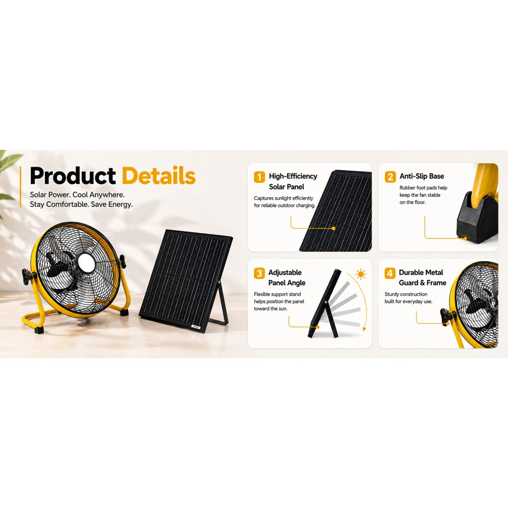 12″ Solar Floor Fan 30W Panel 1500mAh Battery 3 Speed Remote Camping Greenhouse
