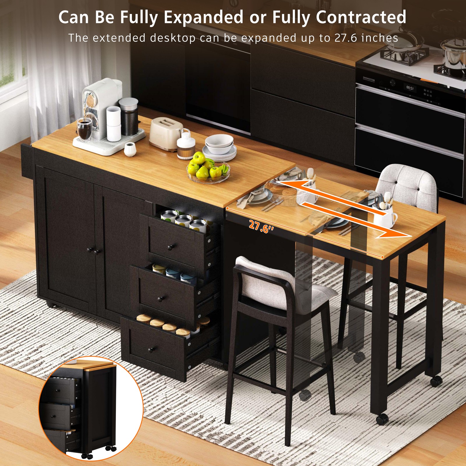 74.8 Inch Kitchen Island with Extendable Dining Table Rolling Storage Cart Power