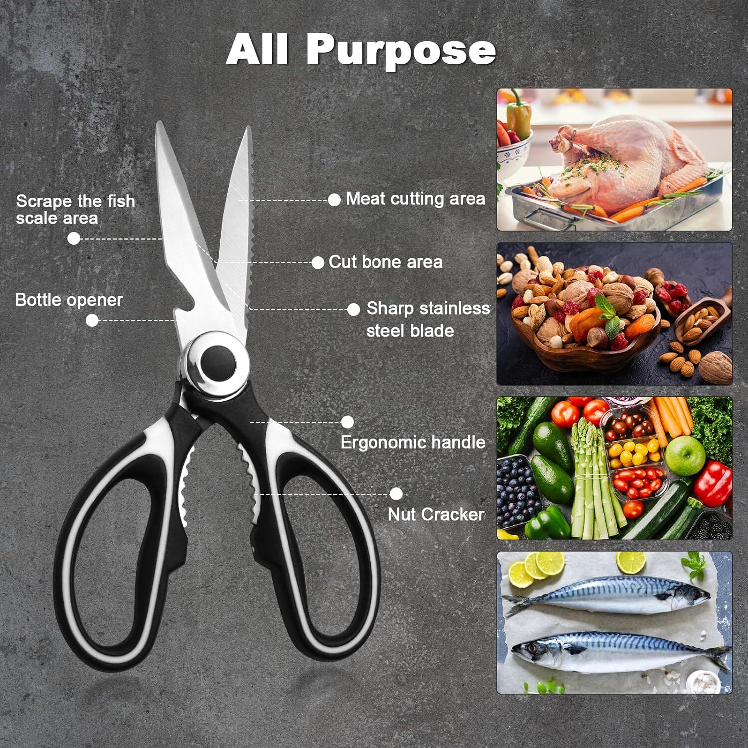 Stainless Steel Kitchen Shears Heavy Duty Scissors for Meat Fish Chicken Bones