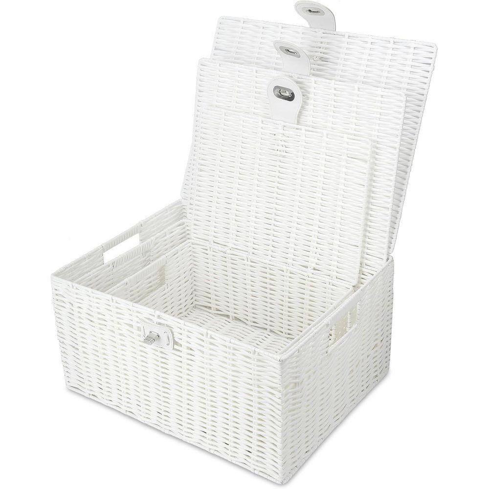 White 14.2 In. X 7.3 In. Polypropylene Decorative Basket Set of 3 with Lid and H