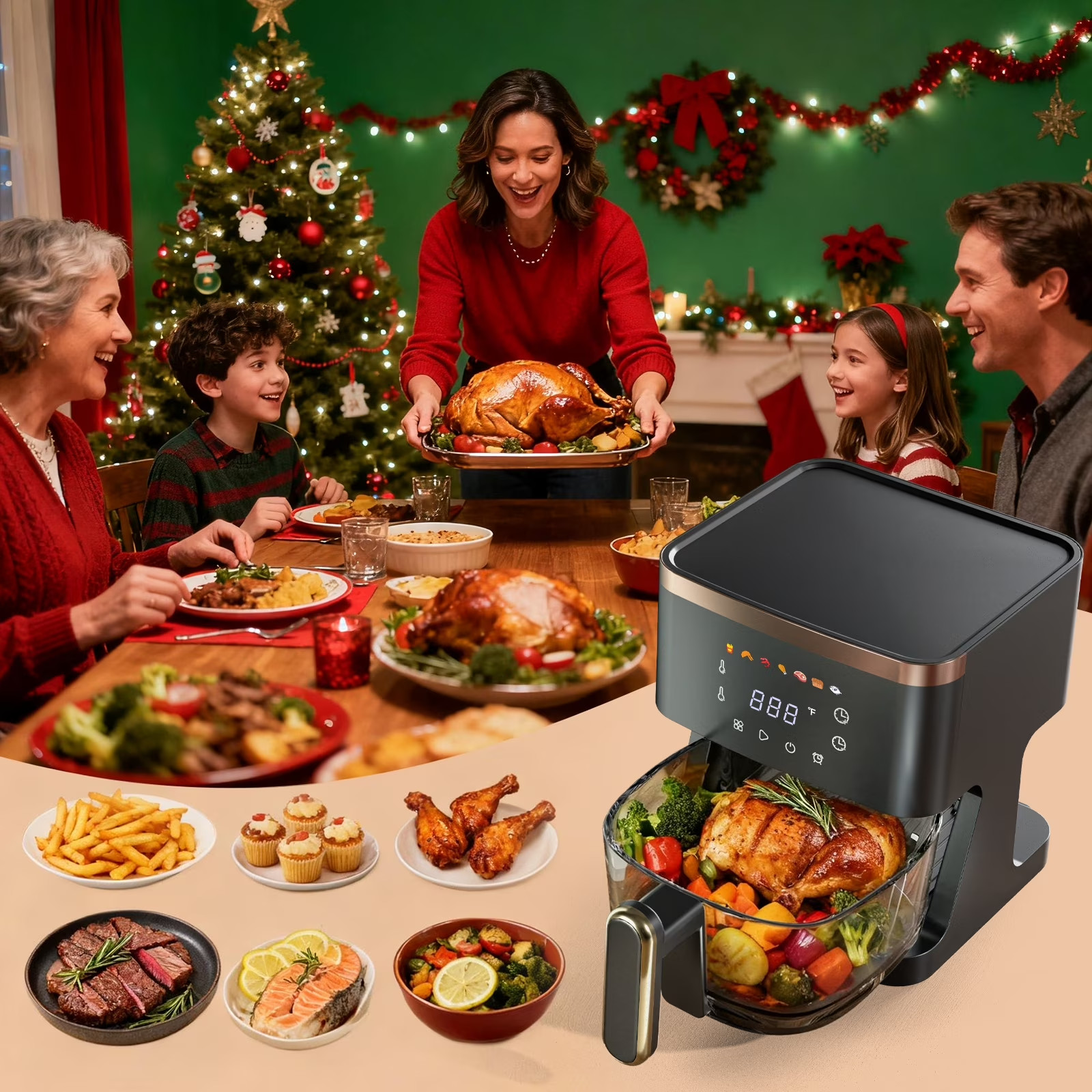 7-in-1 Air Fryer, 5 QT Glass Basket Fryer, 360° Cooking Window, 1400W Precise