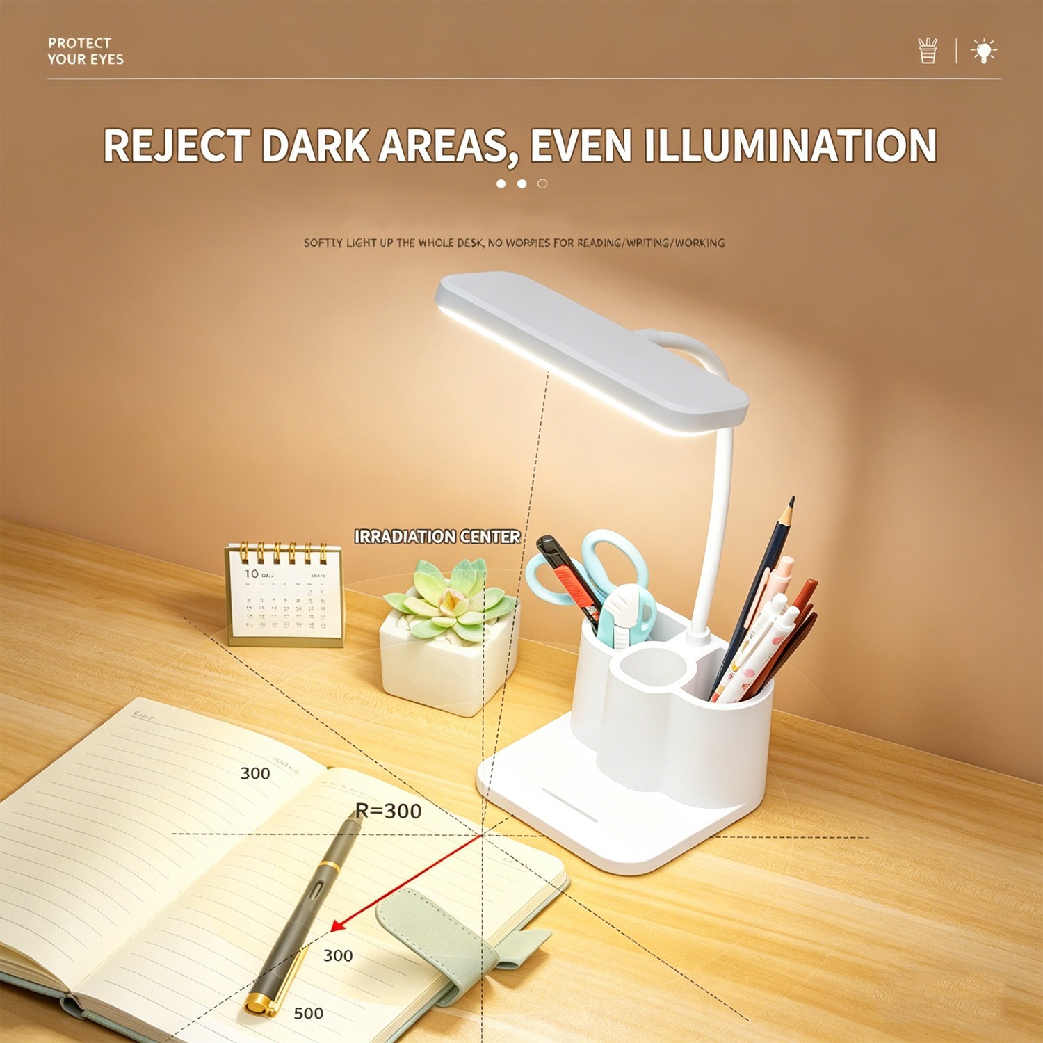 USB Rechargeable LED Desk Lamp Table Light with Pen Holder for Home Office Study