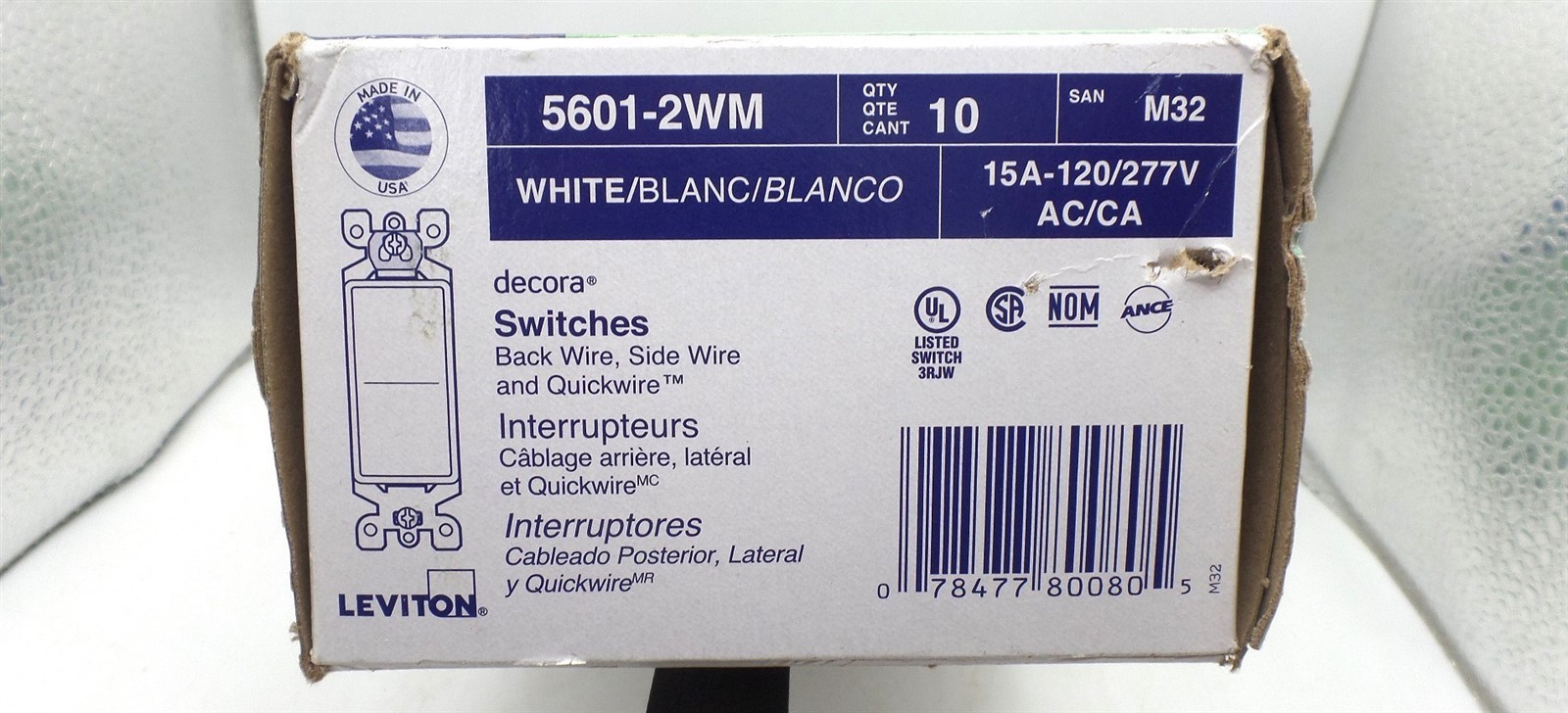 LEVITON M32-05601 DECORA 15A 1POLE ROCKER AC QUIET LIGHT SWITCH WHITE 10-PACK