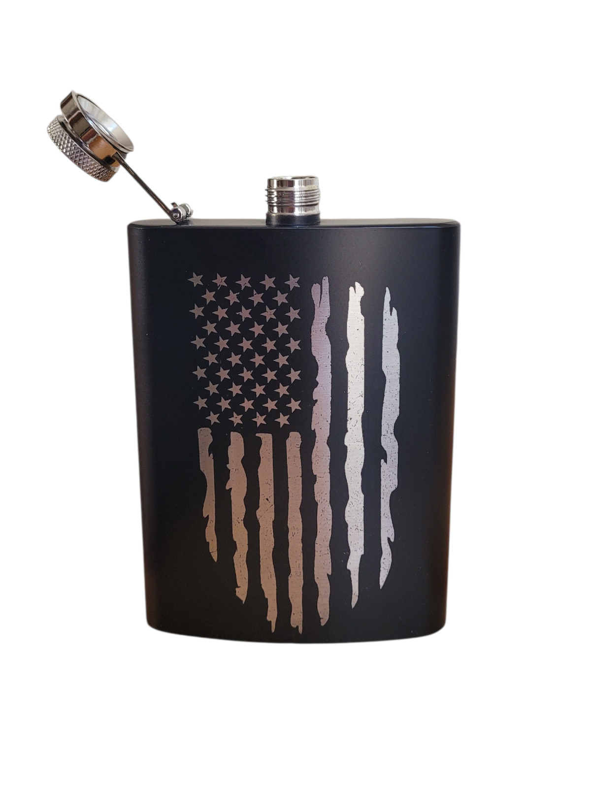 Genuine Leather Wrap 8 oz. Stainless Steel Hip Flask With Funnel US Flag Design