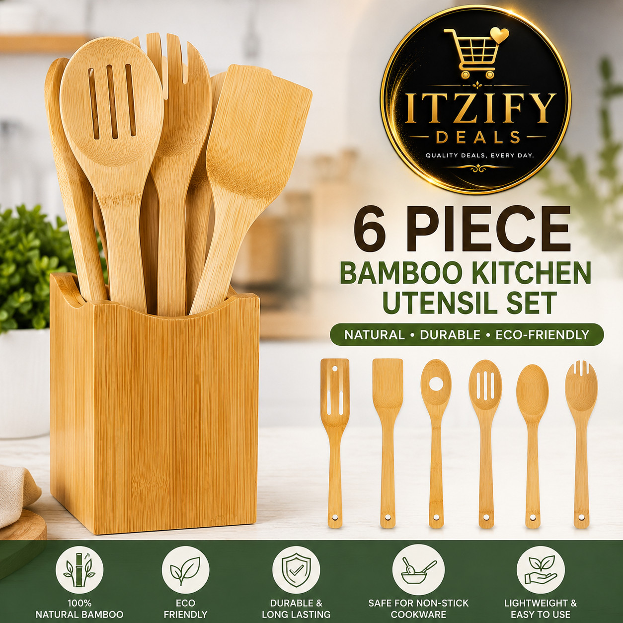 6 Piece Bamboo Kitchen Utensil Set Wooden Spoons & Spatulas Cooking Tools