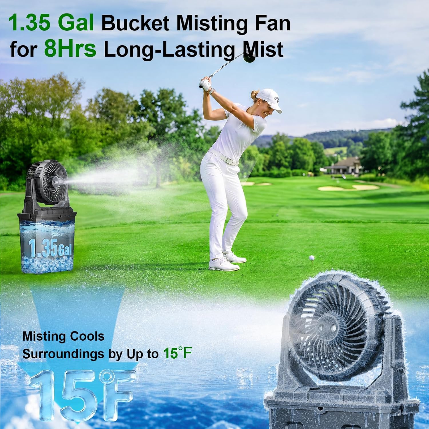 1.35 Gal Portable Misting Fan, Outdoor Fans for Patios, [Max 30H] Rechargeable
