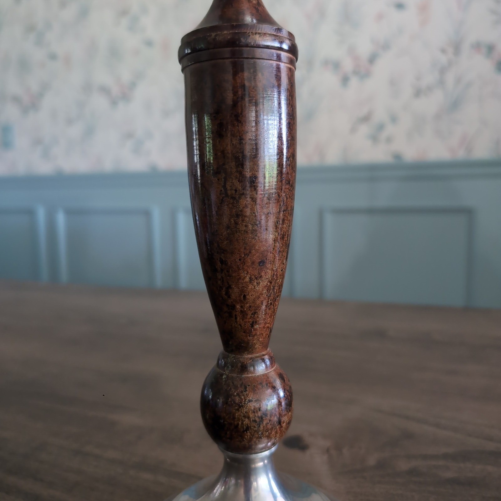 Vintage Candlestick Holders Silver Lacquered Wood~ Metal Set of 2~ India 70s MCM