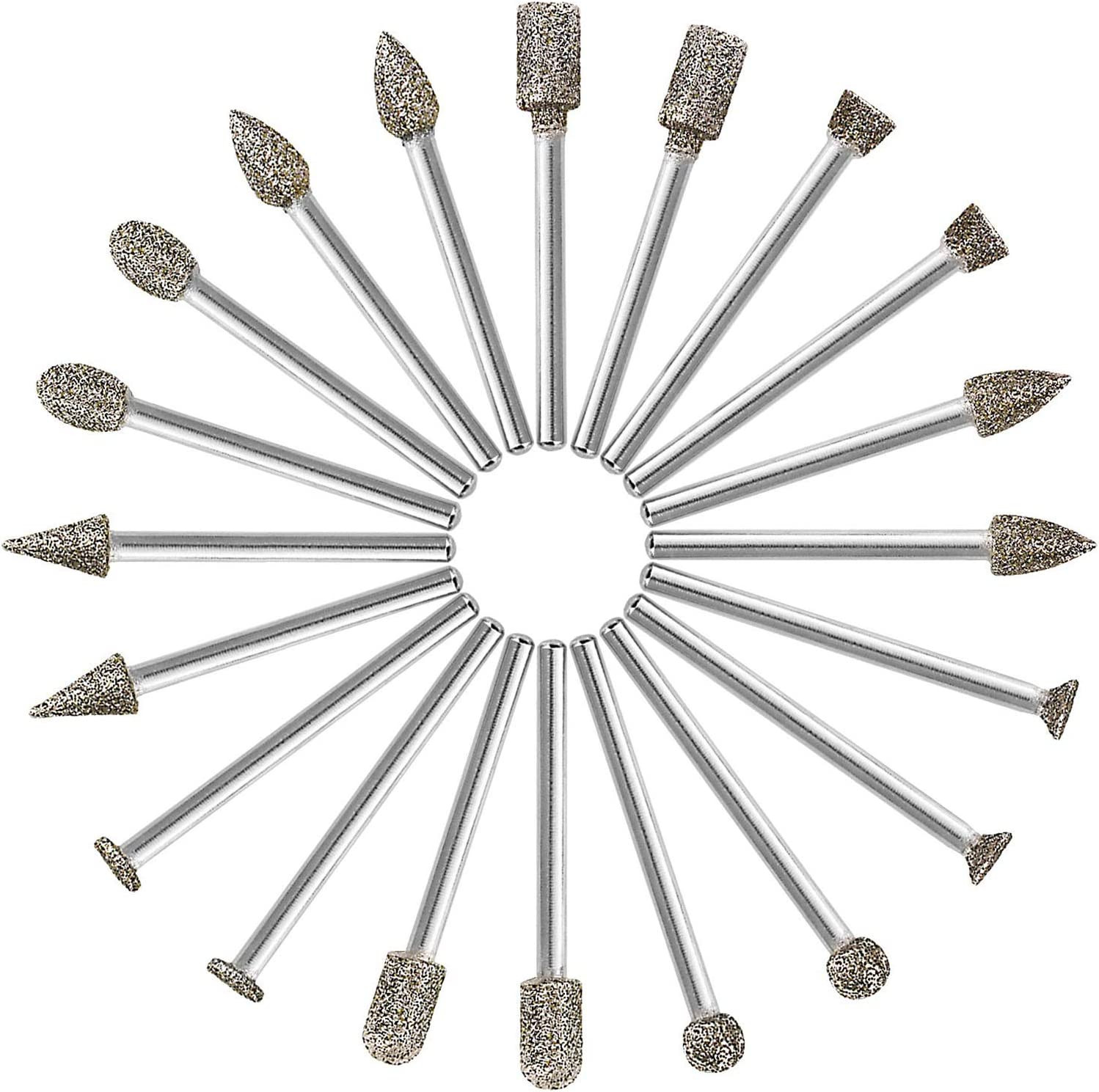 60 Grit 20Pcs Diamond Burr Set – Rotary Grinding Burrs Engraving Bits Set with