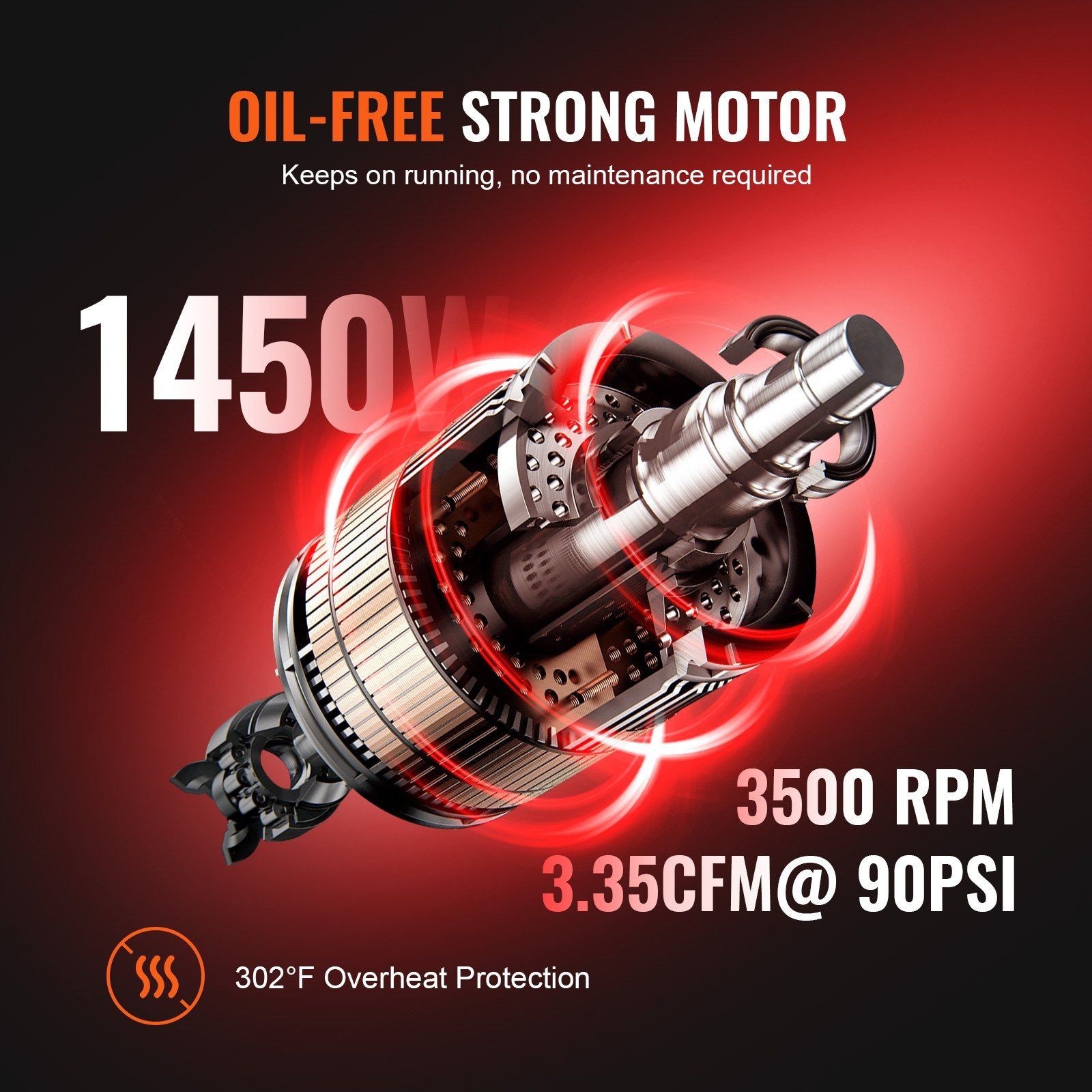 6.3gal 1450W 3.35CFM@90PSI 70dB Ultra Quiet Oil-Free Air Compressor
