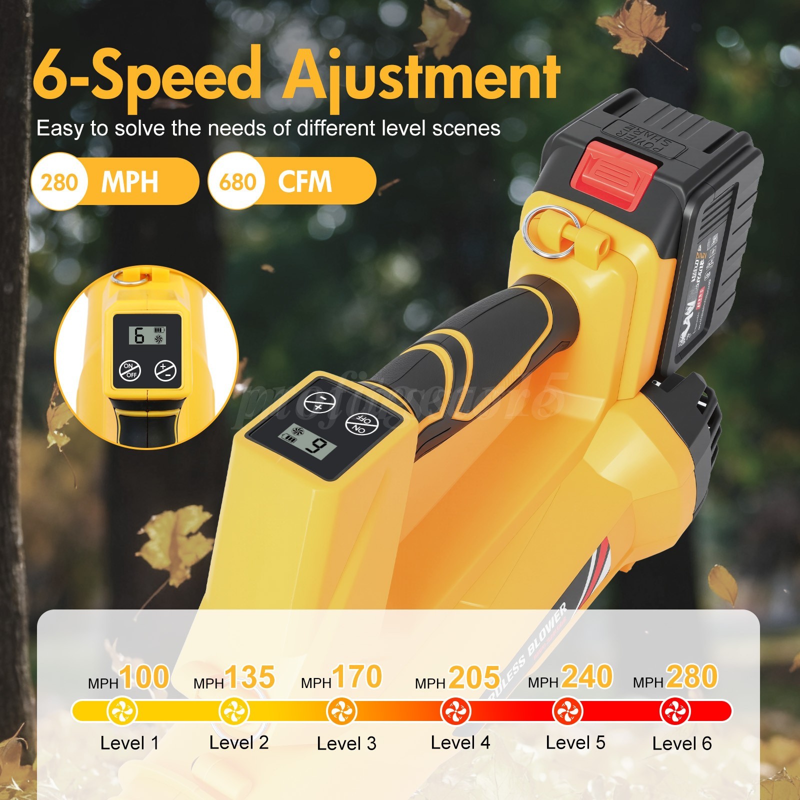 Cordless Leaf Blower 650CFM/280MPH & 6 Speed Levels Electric w/2 Batteries 6.0Ah