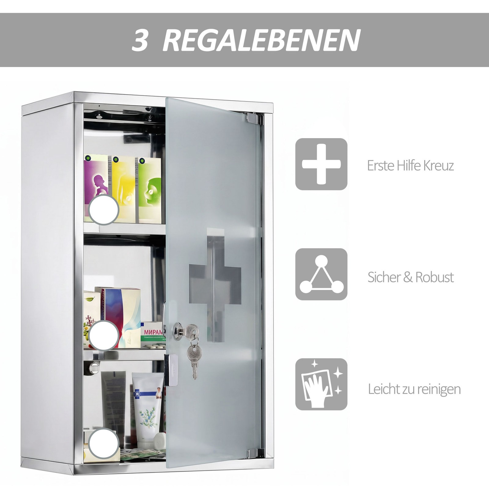 Stainless Steel Medicine Cabinet Wall Mount Frosted Door Lockable First Aid