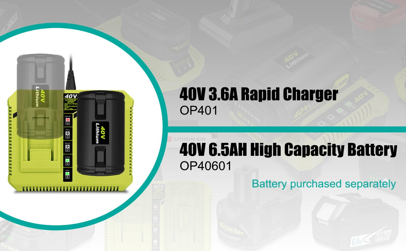 OP401 40 Volt Dual Charger for Ryobi 40V Lithium Battery Rapid Charger Fast