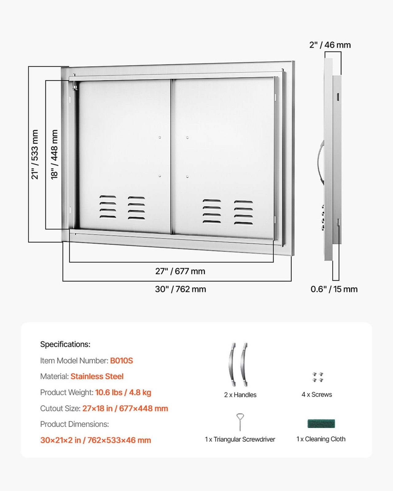 VEVOR Outdoor Kitchen Doors, 30W x 21H Inch, 304 Stainless Steel Double Doors…