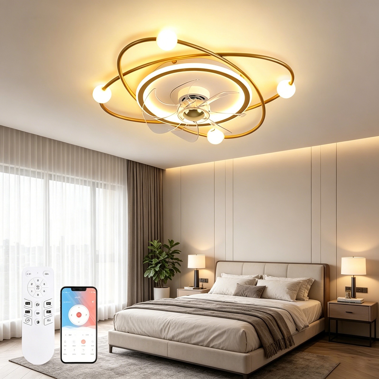 Premium Metal Ceiling Fan Light Fixture Dimmable for Cafe Dining Room Interior