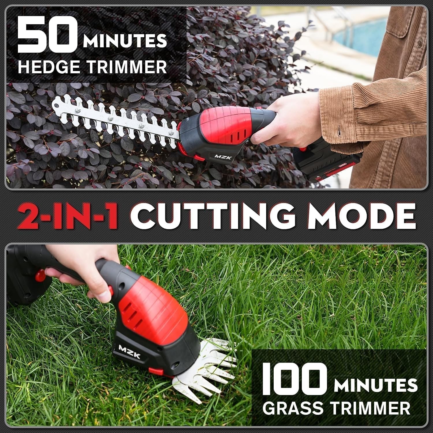 MZK 20V 2-in-1 Pole Hedge Trimmer & Grass Shear,13-Foot Reach | Multi-angle cord