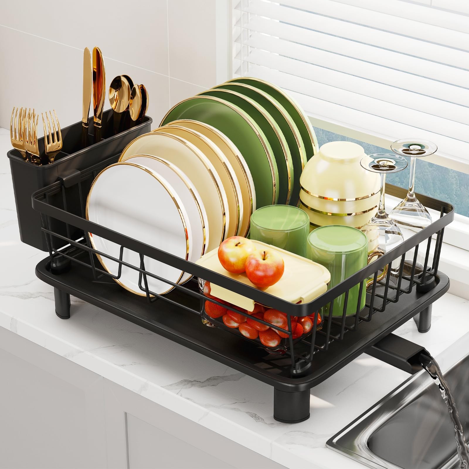 Dish Drainer Rack with Drip Tray, Sink Dish Drainer with Drainage Spout, Stai