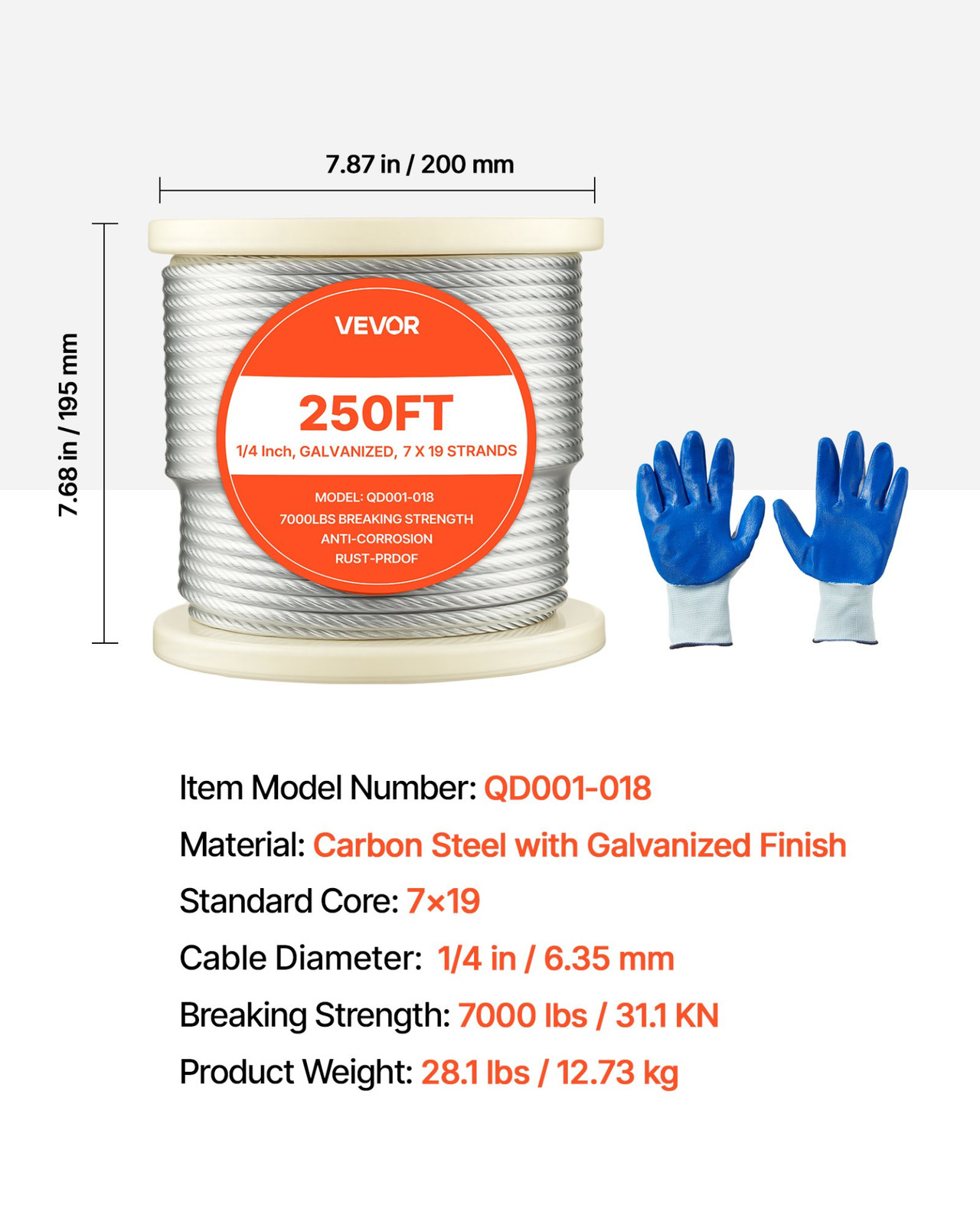 VEVOR 1/4 Inch Wire Rope, 250 ft Length, Zinc Galvanized Carbon Steel Cable with