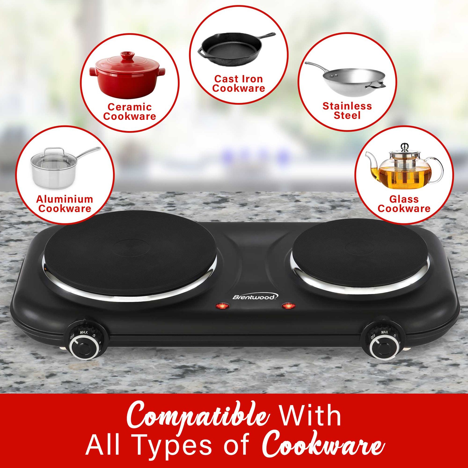 Double-Cast-Iron 1,100-Watt Countertop Electric Burner Hot Plate with…