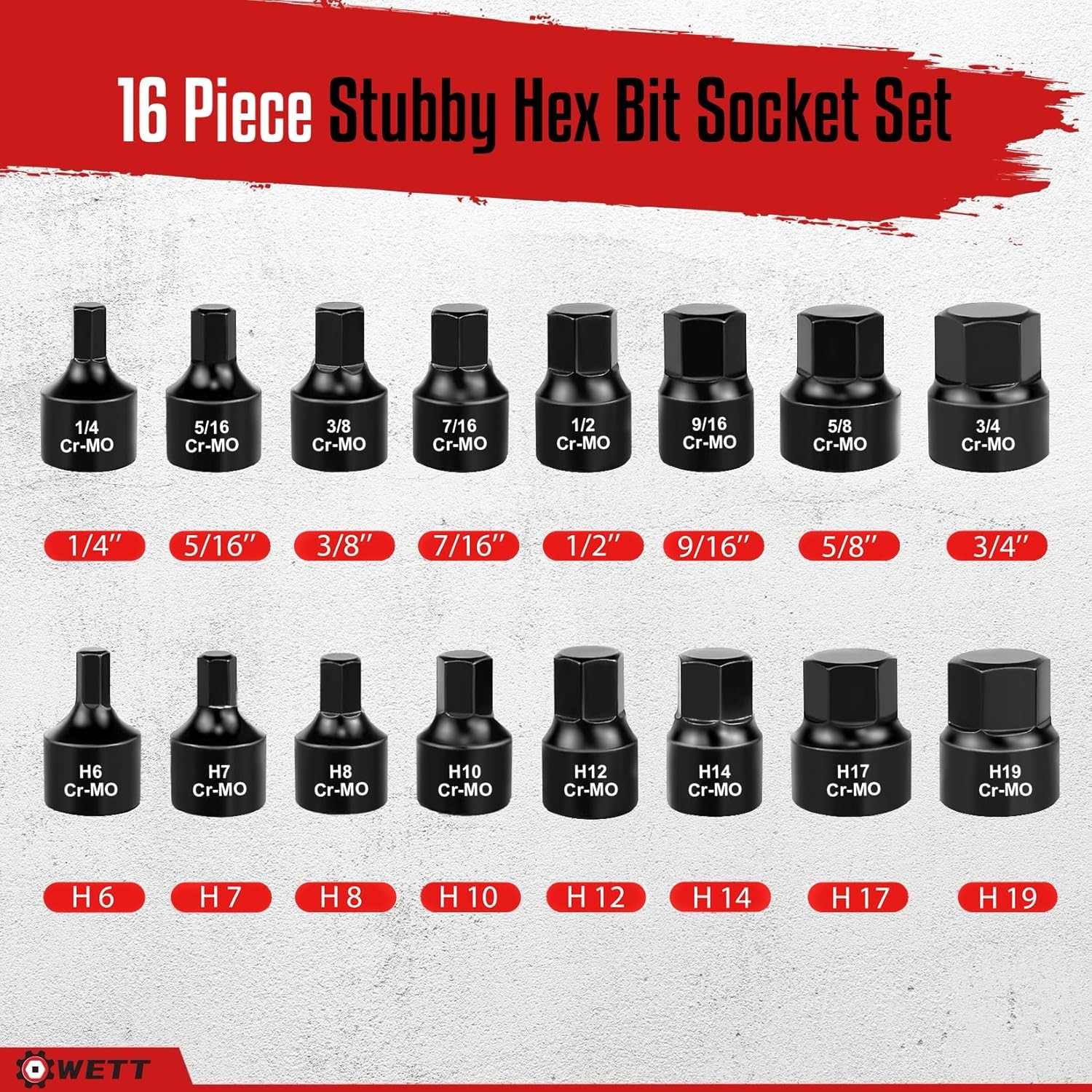 3/8-Inch Drive Low Profile Impact Hex Driver Set, 16-Piece Stubby Hex Bit Socket