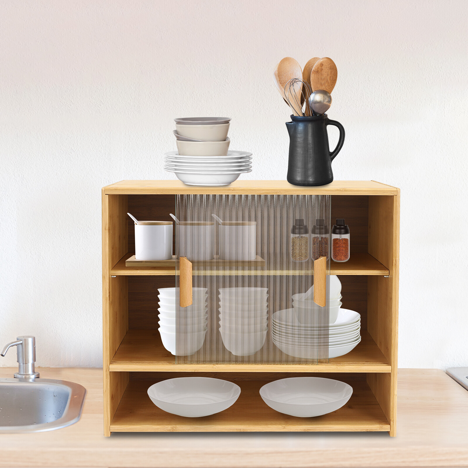 Small Bamboo Kitchen Pantry Sideboard Freestanding Countertop Storage Cabinet US