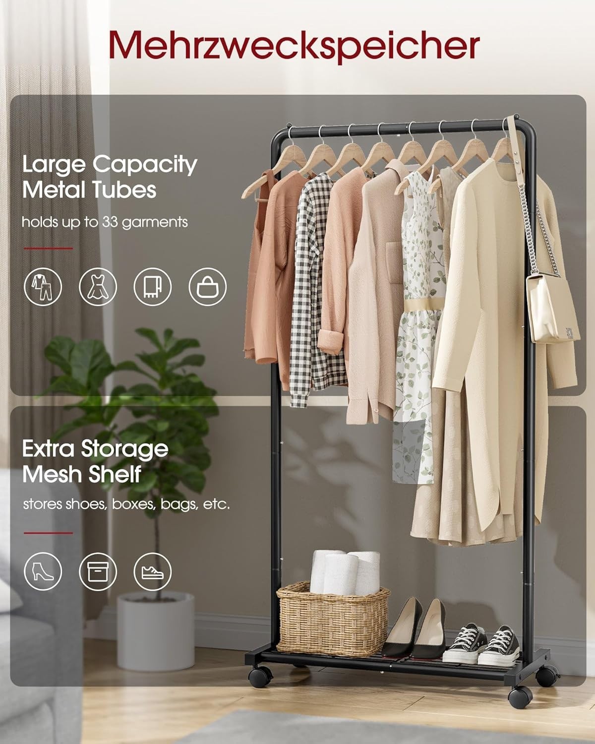 Compact Heavy-Duty Clothing Rack with Movable Shelves & Casters – 28×16.9×59
