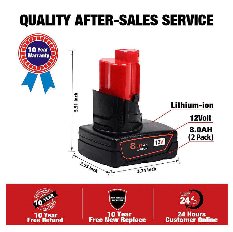 For Milwaukee 48-11-2460 For M12 LITHIUM 8.0Ah Extended Capacity Battery