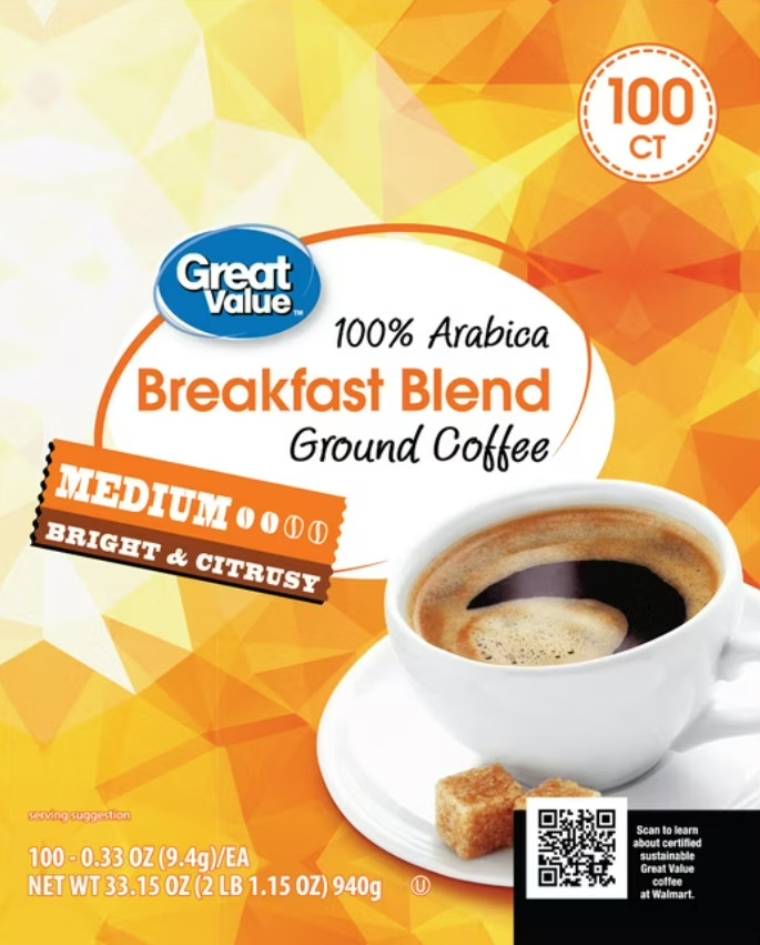 Great Value Arabica Breakfast Blend Coffee Pods Medium Roast 100 Count