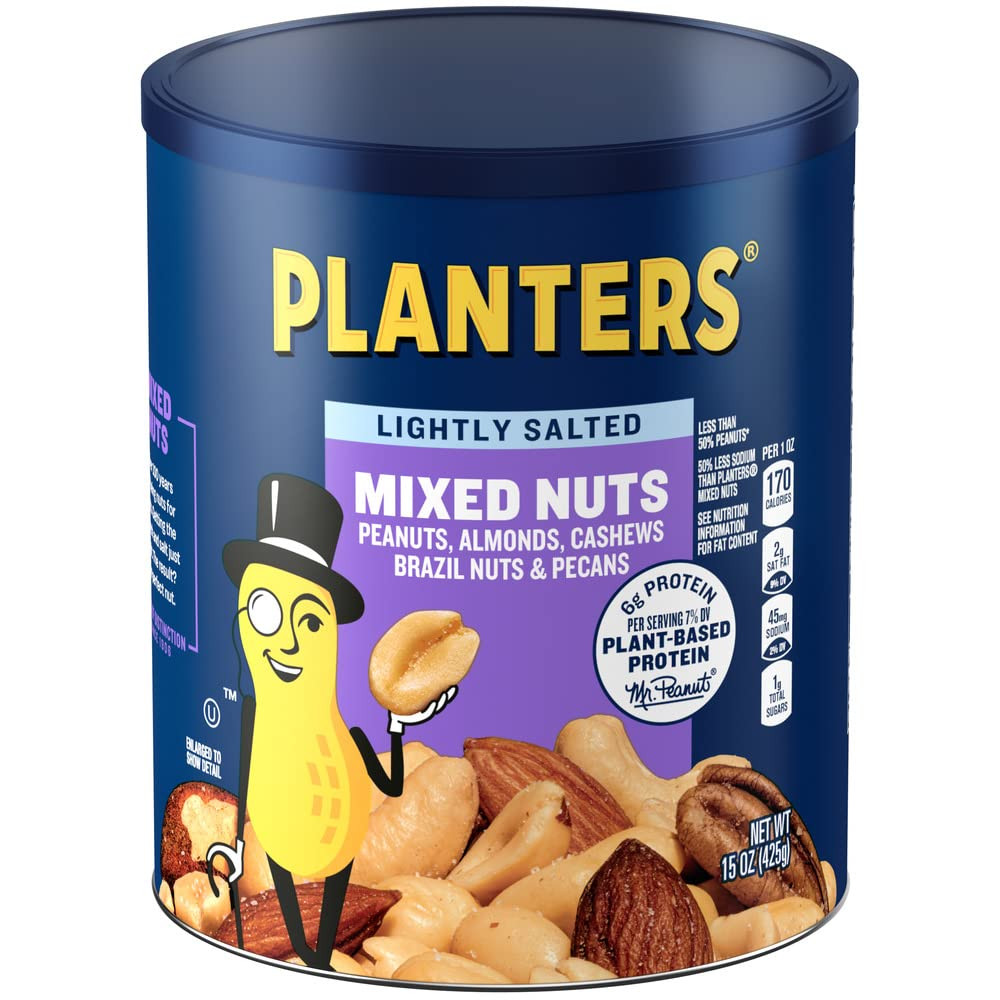 Planters Lightly Salted Mixed Nuts 15 Ounce Kosher Snack Less Than 50 Peanuts